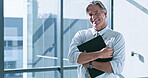 Documents, file and smile with business man at window of corporate office for management. Administration, experience and paperwork with portrait of mature employee at workplace for career development