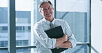 Documents, file and happy with business man at window of corporate office for management. Administration, paperwork and smile with portrait of mature employee at workplace for career development