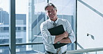 Documents, folder and smile with business man at window of corporate office for management. Administration, file and paperwork with portrait of mature employee at workplace for career development