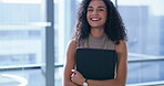 Business, woman and smile with folder in office for corporate joke, project portfolio and financial assistant. Professional, laughing and portrait with documents for company budget administration