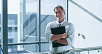 File, paperwork and smile with business man at window of corporate office for management. Administration, documents and experience with portrait of mature employee at workplace for career development
