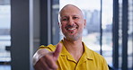 Happy, businessman or review with thumbs up for positive feedback or vote at modern office. Portrait, male person or employee designer with smile, like emoji or yes sign for OK, good job or well done