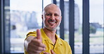 Happy man, business or feedback with thumbs up for positive review or vote at modern office. Portrait, male person or employee designer with smile, like emoji or yes sign for good job or well done