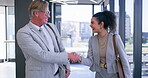 Corporate, people and property developer with handshake at office for real estate and building rental. Partnership, deal and happy with customer or client for sale, purchase and lease agreement