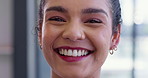Business woman, face and smile in office for creative career, confidence and writing ambition. Copywriting, agency and editor with happiness at work for seo company, pride and positivity in job