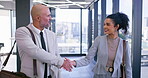 Woman, real estate and handshake with male client as property developer for building rental and business deal. People, partnership and happy or smile at office for sale, purchase and lease agreement