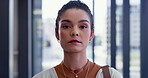 Woman, face or confident in office for business, job opportunity or ready for new day. Girl, portrait or ambitious in lobby for accounting internship, career development or employment at legal firm