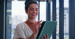 Business, woman and happy at office with tablet on internet for social media or communication as property developer. Female person, employee and smile or satisfied with email notification or schedule