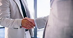 Business people, men and handshake in office with partnership for welcome, greeting and b2b meeting. Company merger, employees and shaking hands in building for contract deal, agreement and success