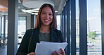 Paperwork, happy and face of businesswoman in office for finance investment approval for company. Documents, portrait and Asian female financial planner with capital gain agreement with stakeholders.