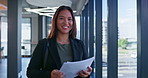 Documents, face and businesswoman in office corridor for finance investment approval for company. Paperwork, portrait and Asian female financial planner with capital gain agreement with stakeholder.