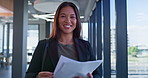 Report, happy and face of businesswoman in office for finance investment approval for company. Paperwork, portrait and Asian female financial planner with capital gain agreement with stakeholders.