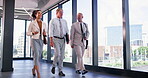 Walking, men and woman as confident real estate agent in office for meeting or consulting or company. Happy people, employees and pride as realtor in property management, development or town planning