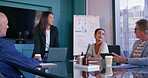 Collaboration, business woman and meeting with diversity of investment manager group and strategy breakdown. Equity, speaker and progress planning with team performance review and work feedback