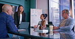 Presentation, research and planning with business people in meeting for financial analyst, equity and company valuation. Investment report, asset management and budget portfolio with employees