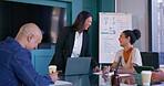Presentation, team and planning with business people in meeting for financial analyst, equity and company valuation. Investment report, asset management and budget portfolio with employees in office