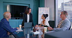 Presentation, business woman and board meeting with tech and investment progress with data breakdown. Equity, speaker and strategy planning with team performance review and analysis with chart report