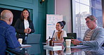 Presentation, business woman and manager meeting with board of investment data breakdown. Equity, diversity and strategy planning with team performance review and analysis with company collaboration