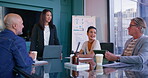 Presentation, consultant and planning with business people in meeting for financial analyst, equity and company valuation. Investment report, asset management and budget portfolio with employees