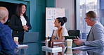 Presentation, business woman and leadership meeting with board of investment and collaboration. Equity, speaker and strategy planning with team performance review and analysis with computer report