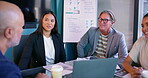 Listening, happy and group in boardroom, meeting and proud of pitch, laughing and discussion for ideas. Collaboration, creative and business people with plans, publicist and boss of media agency