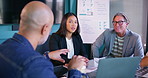 Talking, happy and group in boardroom, meeting and proud of pitch, laughing and discussion for ideas. Collaboration, creative and business people with plans, publicist and boss of media agency