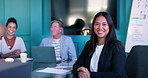 Portrait, happy and woman in boardroom, meeting and proud of pitch, discussion and laughing with group. Collaboration, creative and business people with ideas, publicist and boss of media agency