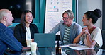 Documents, happy and group in boardroom, meeting and proud of pitch, talking and collaboration for ideas. Laughing, creative and business people with plans, publicist and laptop for media agency
