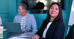 Portrait, laptop and woman in boardroom, smile and proud of pitch, discussion and laughing with group. Collaboration, creative and business people with ideas, publicist and boss of media agency