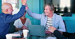 Business people, high five and applause in meeting for celebration, company growth and B2B deal progress. Teamwork, success and accomplishment for reputation, milestone and contract achievement
