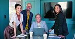 Face, collaboration and planning with business people in meeting for financial analyst, equity and company valuation. Investment, asset management and budget portfolio with portrait of employees