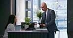 Business man, consultation appointment and reception at finance consultant agency with secretary. Client, lobby and waiting room with phone at admin counter and welcome desk with check in for meeting