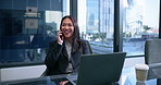 Business, phone call and woman with laptop, corporate professional and internet with network. Person, lawyer and attorney with legal aid, cellphone or pc with communication, connection or digital app