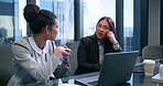 Meeting, laptop and team with business people in office for corporate treasurer, company liquidity and investment. Portfolio manager, planning and capital funds with employees in financial firm