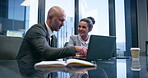 Mentor, laptop and planning with business people in office for corporate treasurer, company liquidity and investment. Portfolio manager, team and capital funds with employees in financial firm