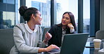 Mentor, laptop and meeting with business people in office for corporate treasurer, company liquidity and investment. Portfolio manager, planning and capital funds with employees in financial firm
