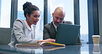 Coaching, laptop and meeting with business people in office for corporate treasurer, company liquidity and investment. Portfolio manager, planning and capital funds with employees in financial firm