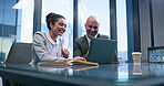 Coaching, laptop and team with business people in office for corporate treasurer, company liquidity and investment. Portfolio manager, planning and capital funds with employees in financial firm