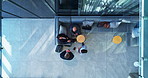 Above, airport and business people with networking, talking and conversation with project. Employees, global trade and travellers in office, teamwork and cooperation with communication and thank you