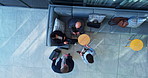 Above, airport and business people with conversation, professional and thank you with project. Employees, global trade and travellers in office, teamwork and cooperation with communication and ideas