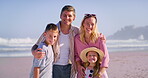 Family, face and beach hug on holiday, love and trust on trip to tropical island for bonding. Parents, kids and outdoor for embrace in relationship, portrait and travel on ocean getaway for peace