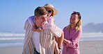 Vacation, piggyback and happy with family at beach for travel destination, summer and love. Relax, tropical and adventure with parents and child in Miami for holiday, bonding and support together