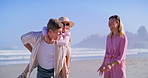 Family, beach and walk on fun vacation with parents, children and together with summer trip. Holiday, love and support of happy people with care, piggyback and youth with bonding on break in Miami