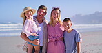 Family, laughing and ocean hug with face, love and trust on trip to tropical island for bonding. Parents, kids and outdoor for embrace in relationship, portrait and travel on beach holiday for peace