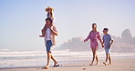 Family, beach and walking on vacation with parents, children and fun together with summer trip. Holiday, love and support of happy people with care, piggyback and youth with bonding on break in Miami