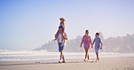 Family, beach and walk on vacation with parents, children and fun together with summer trip. Holiday, love and support of happy people with care, piggyback and youth with bonding on break in Miami