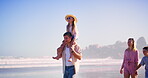 Happy family, beach and walk on vacation with parents, children and fun together with summer trip. Holiday, love and support of people with care, piggyback and youth with bonding on break in Miami