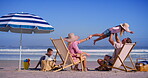 Parents, kids and lifting at ocean with happiness for fun, break and holiday for bonding in Mauritius. People, family and smile or excited at beach for summer vacation, adventure and relax with fun