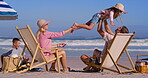 Parents, children and lifting at beach with smile for fun, break and holiday for bonding in Mauritius. People, family and happy or excited at ocean for summer vacation, adventure and relax with fun