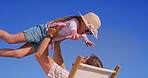 Dad, girl and sky with lifting for happiness with fun, break and holiday for bonding in Mauritius. People, family and smile or excited outdoor for summer vacation, adventure and relax with fun